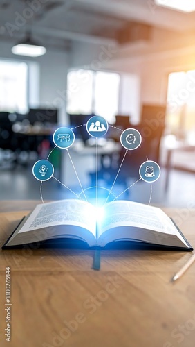 Open book on wood table, glowing with digital icons. Office background. Soft light. Vertical