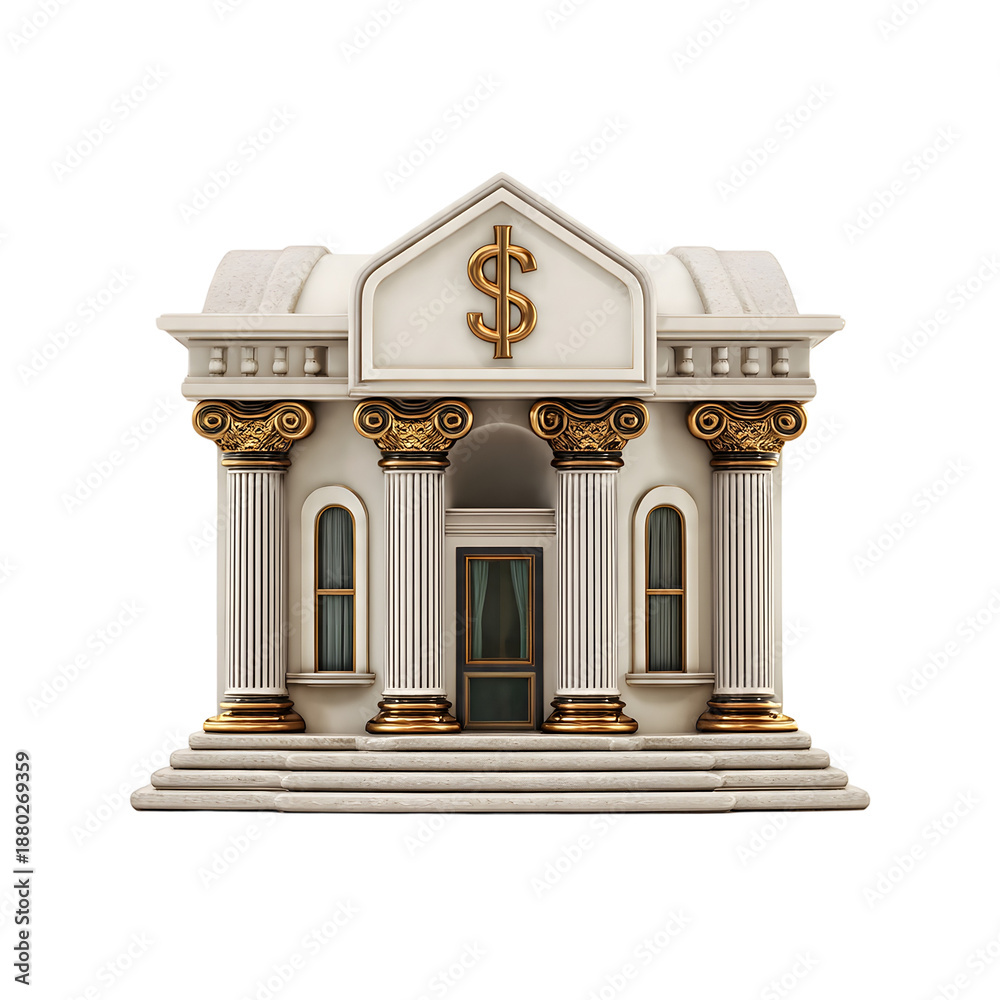 Fototapeta premium Stylized 3D bank building illustration, Financial services establishment graphic