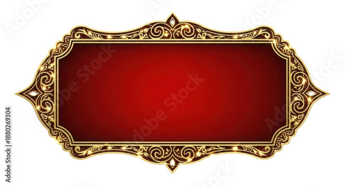 Ornate horizontal gold frame with intricate scrollwork and a deep red velvet-like center panel, isolated PNG with Transparent Background
