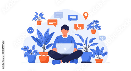 Remote worker sitting cross-legged while managing business online