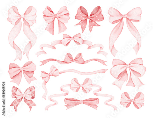 Watercolor Illustration Set of Pink Bow