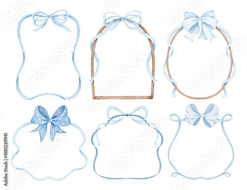 Watercolor Illustration Set of Ribbon Frame with Blue Bow
