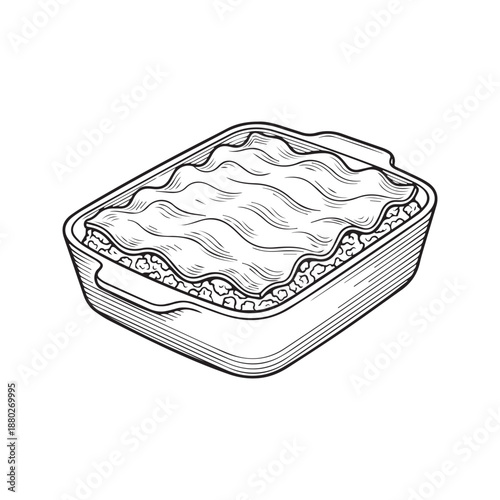 Hand drawn vector illustration of delicious Italian lasagna or casserole in a rectangular baking dish. Black and white line art sketch suitable for restaurant menu design or coloring book.
