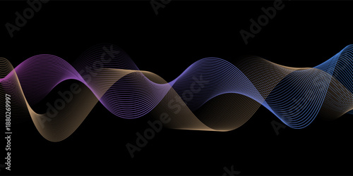 Neon flowing wavy lines on black background. Abstract sound wave design for ai concept, equalizer, audio record, voice assistant. Blue, pink orange gradient curve stripes. modern vector