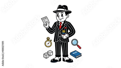 Cartoon Detective Character Illustration with Props
