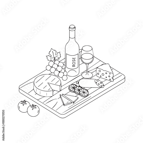 Hand drawn vector illustration of a charcuterie board with rose wine bottle, glass, cheese, grapes, tomatoes and snacks on a wooden platter. Black and white line art doodle suitable for menu design.
