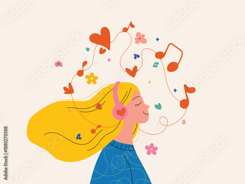 A blonde girl wearing pink headphones, lost in music with floating hearts, flowers, and notes. Minimalist illustration symbolizing emotional and immersive power of music