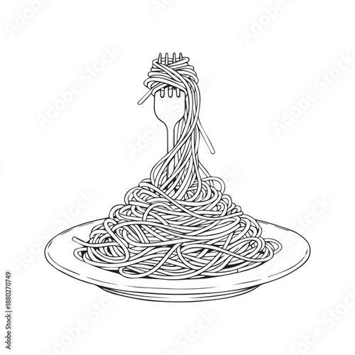 Hand drawn vector illustration of a fork twirling spaghetti pasta on a plate. Black and white line art sketch suitable for restaurant menu or food design.
