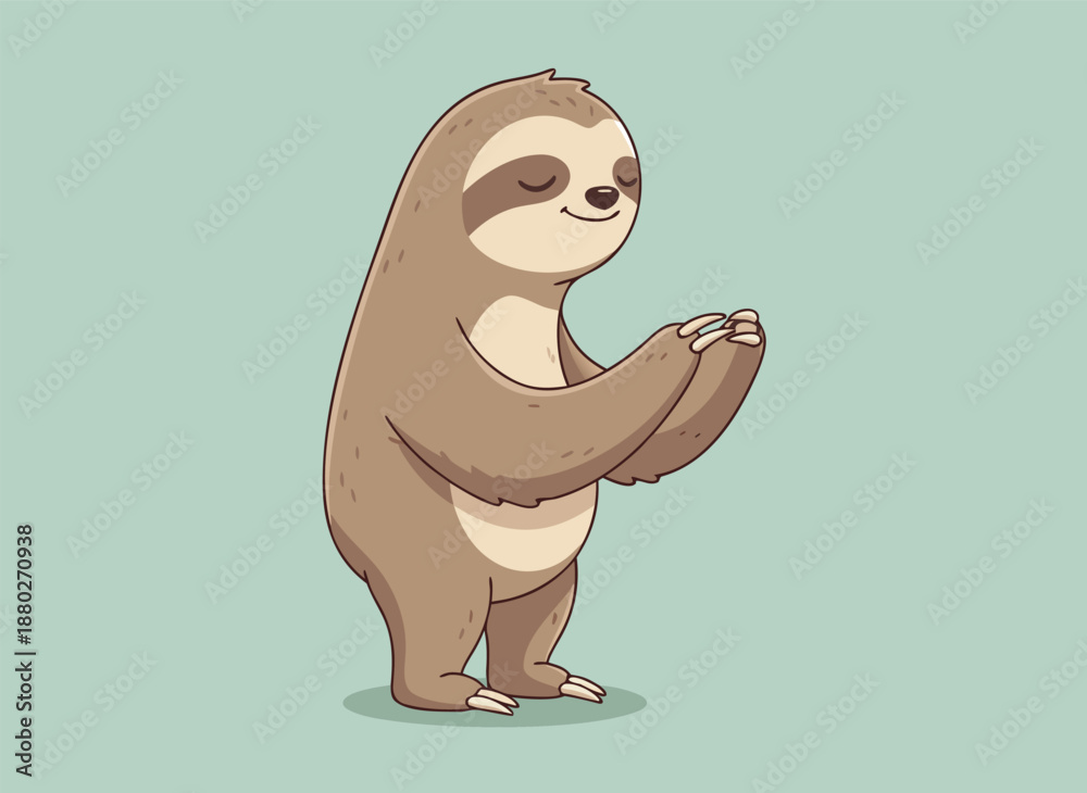 Fototapeta premium Cute cartoon sloth meditating with closed eyes and smiling face.