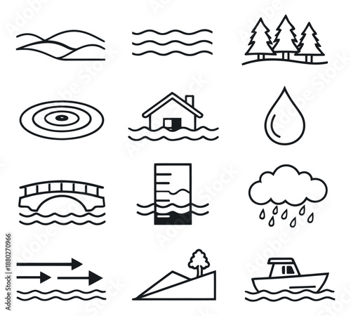 Line art weather and water icons set featuring flood, rain, and landscape elements for environmental awareness