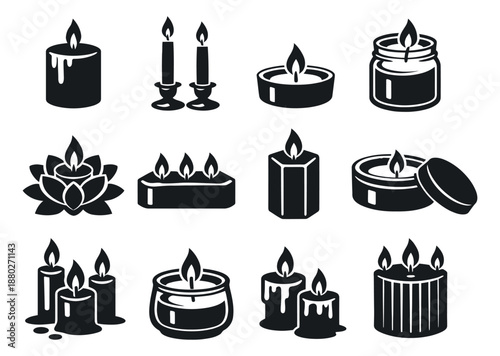 Graphic candle icon set featuring different types of burning candles for decoration and relaxation