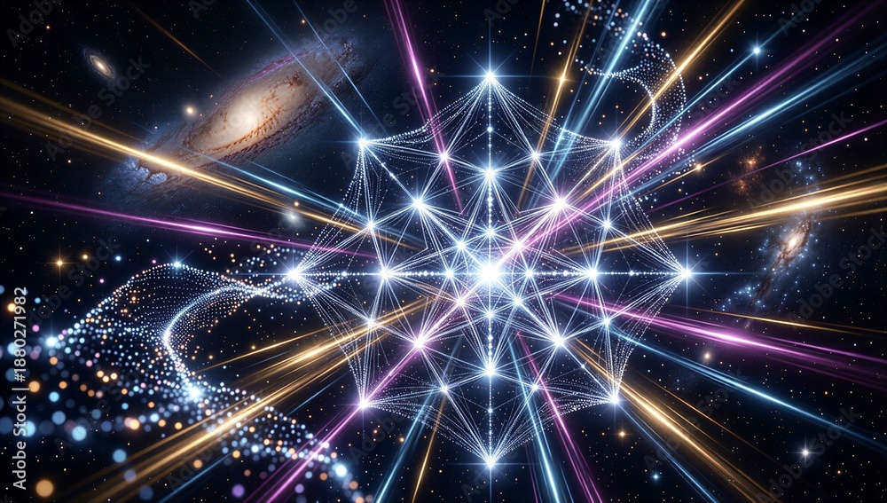 Fototapeta premium Cosmic web of light and stars, glowing geometric lattice in deep space.