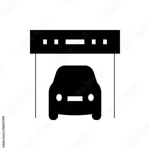 A minimalist vector graphic of a car being lifted on a hydraulic lift in a garage or repair shop