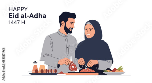 Muslim couple preparing food for Eid al-Adha celebration
