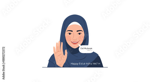 Woman in hijab waving with Eid al-Adha greeting