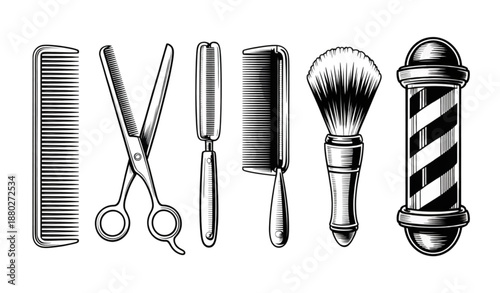 Classic Barbershop Gear Vector Set in Detailed Vintage Line Art Style