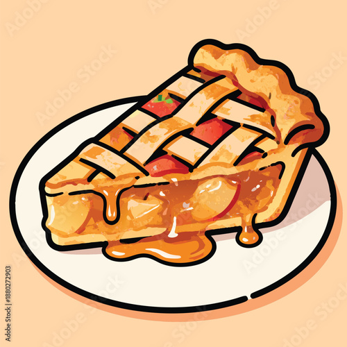 Delicious slice of apple pie with lattice crust and caramel sauce.