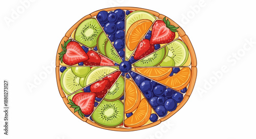 A vibrant and colorful fruit pizza sliced into eight pieces, showcasing a delightful assortment of fresh fruits arranged in a circular pattern.