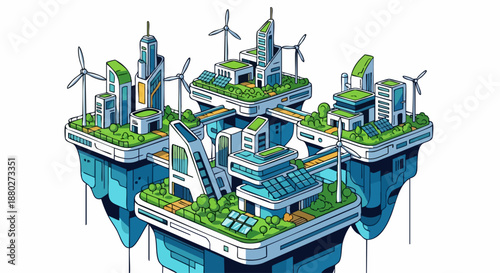 Sustainable Futuristic City with Floating Platforms and Green Energy.