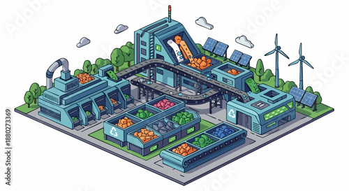 Modern automated factory with renewable energy sources and conveyor belts.