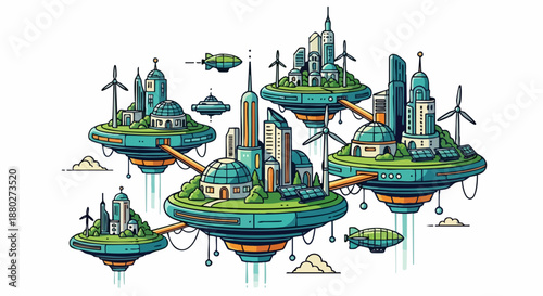 Futuristic Floating Cities Connected by Bridges and Airships.