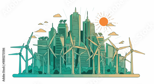 Sustainable city skyline with wind turbines and green buildings representing eco-friendly urban development.