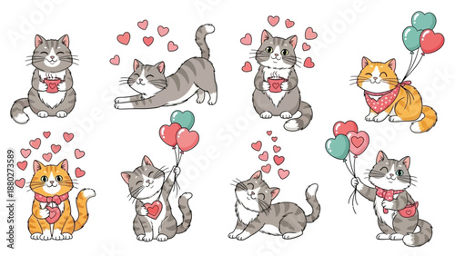 A delightful collection of cute cartoon cats expressing love and joy