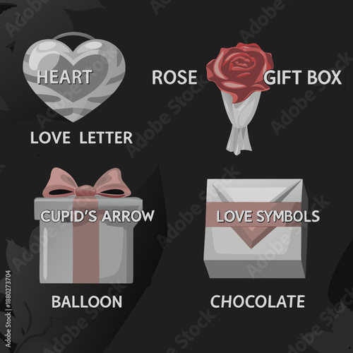 Valentine's Day illustration featuring heart, rose, gift, cupid, and love on a flat background from a straightforward viewpoint.