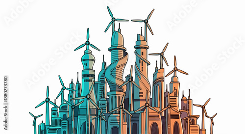 Futuristic Cityscape with Wind Turbines - Sustainable Energy Illustration.