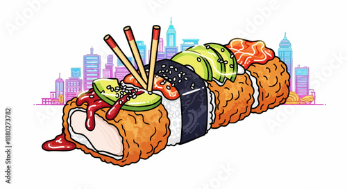 Delicious and Artistic Sushi Roll with Avocado and Sauce.