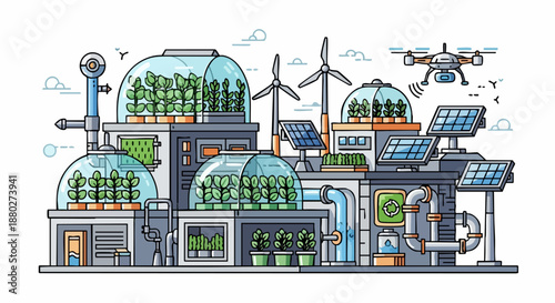 Sustainable urban farming and renewable energy complex.