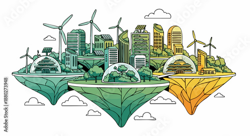 Sustainable City Concept with Green Buildings and Wind Turbines.