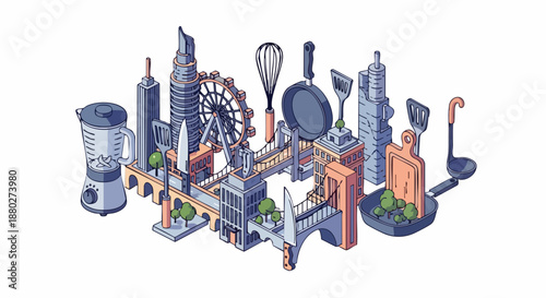 Kitchen Tools and Food Items City Illustration.