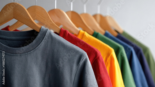 Colorful blank t-shirts hanging on wooden hangers, casual wear apparel.