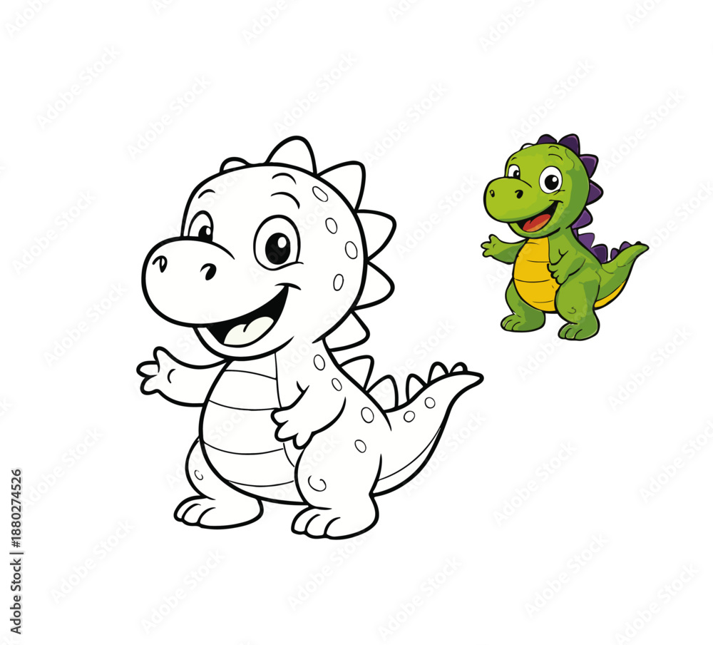 Obraz premium Cute Cartoon Dinosaur Coloring Page with Guide