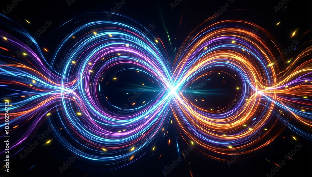 Fototapeta premium Vibrant neon light trails swirl in cosmic dance, forming glowing infinity symbol against dark void.