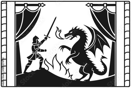 Brave Knight Battling a Fire-Breathing Dragon in a Shadow Puppet Performance