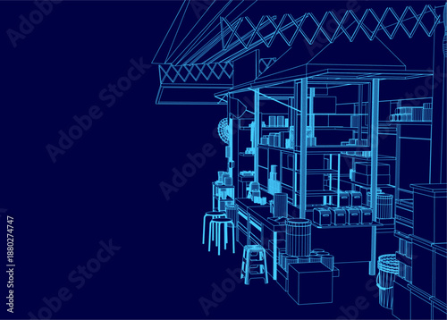 A minimalist blue contour line drawing details a food stall interior with stocked shelves and wooden stools.