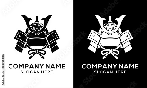 Black and white samurai helmet logo design with traditional Japanese armor.