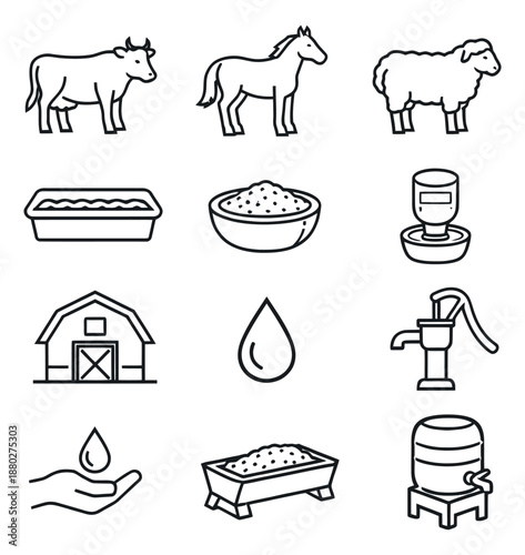 Line art farm elements set featuring animals, feed, water, and barn icons for agriculture and rural life