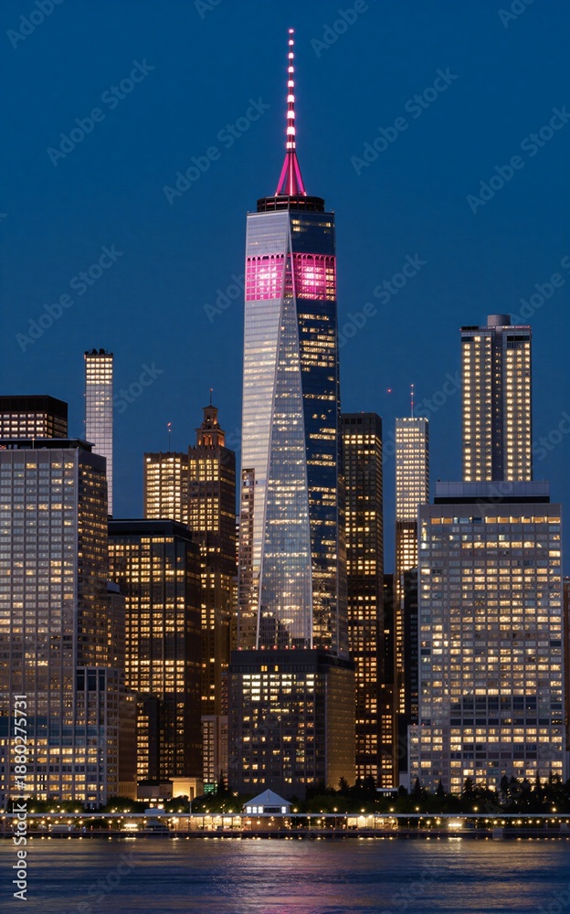 Fototapeta premium Nighttime cityscape featuring illuminated skyscrapers, pink-lit spire tower against dark blue sky.