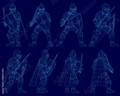 A medieval knight in full plate armor stands ready with sword and shield. Intricate blueprint details highlight the helmet, breastplate, and gauntlets.