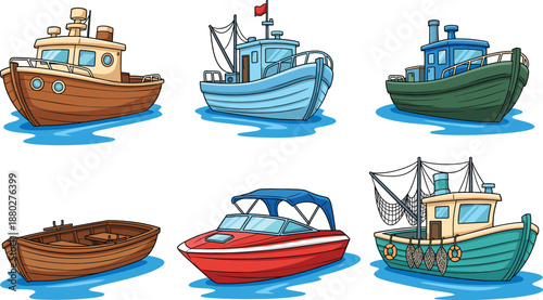 Boat and fishing vessel collection set cartoon ships and motorboats flat vector illustration isolated on white background