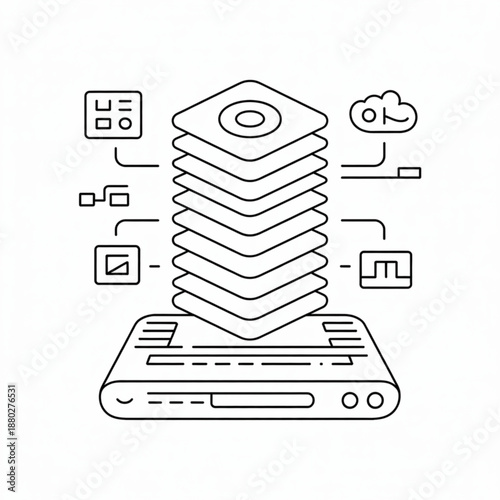 A line drawing of a computer with a stack of disks and various icons connected to it.