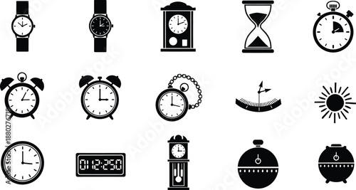 A comprehensive set of timekeeping device icons representing clocks and watches