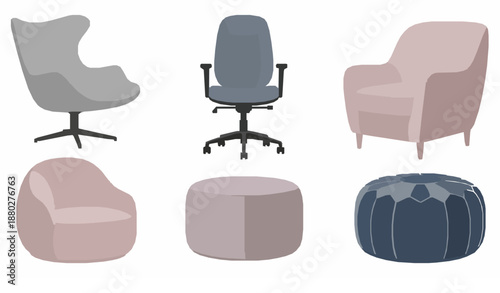 Comfortable chair and pouf furniture set isolated realistic flat vector illustration