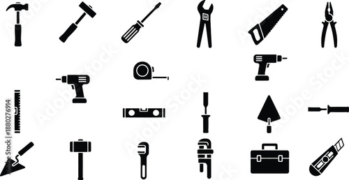 A comprehensive collection of black silhouette icons representing essential construction and diy tools.