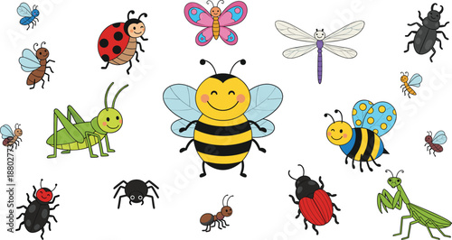 Cute insects and bugs collection set including bee butterfly ladybug grasshopper cartoon flat vector illustration isolatedCute insects and bugs collection set including bee butterfly ladybug
