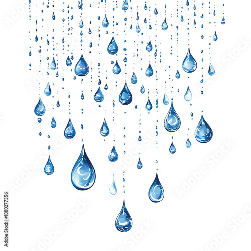 Raindrop rainfall on white background with misty drizzle rain drop and heavy raindrops falling effect, realistic and png , vector style simple color