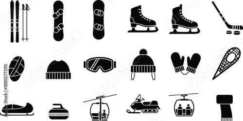 Winter sports equipment and clothing icon collection in black silhouettes